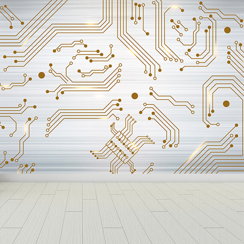 Industrial Circuit Board Mural Non-Woven Texture Waterproof Light Gray Wall Art for Bedroom