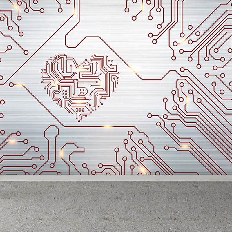 Industrial Circuit Board Mural Non-Woven Texture Waterproof Light Gray Wall Art for Bedroom