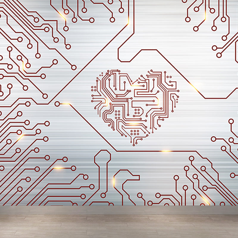 Industrial Circuit Board Mural Non-Woven Texture Waterproof Light Gray Wall Art for Bedroom