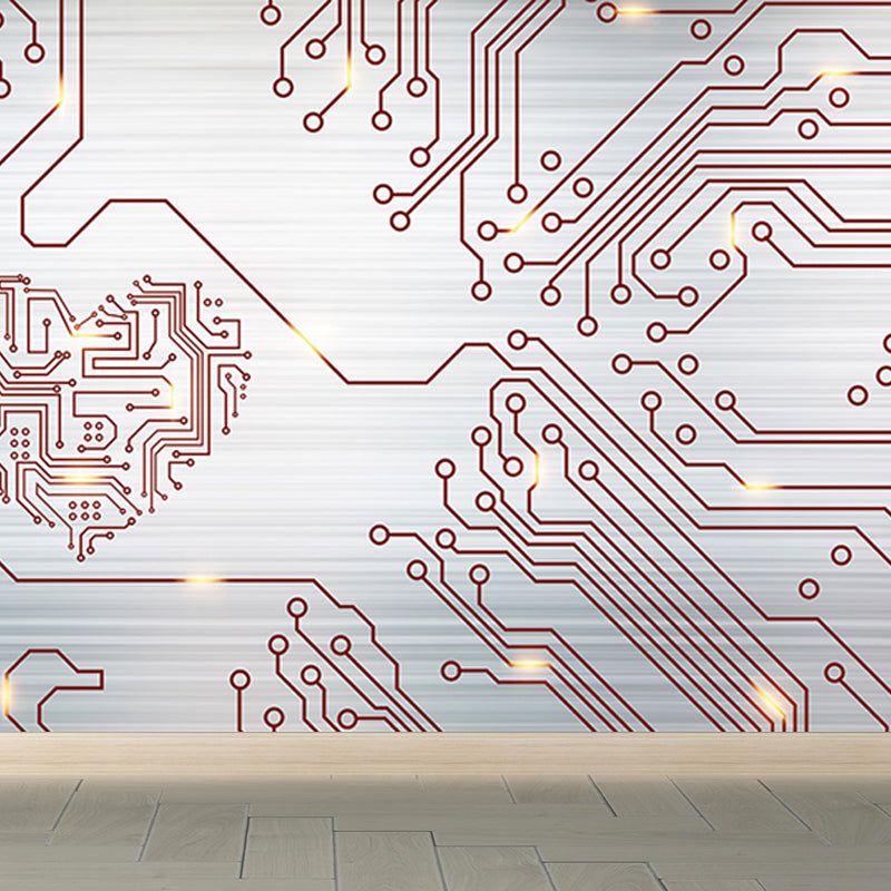 Industrial Circuit Board Mural Non-Woven Texture Waterproof Light Gray Wall Art for Bedroom