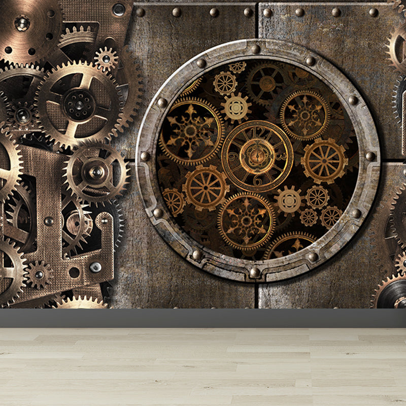 Industrial Style Metal Gear Mural Wallpaper Non-Woven Stain Resistant Soft Color Wall Art for Living Room