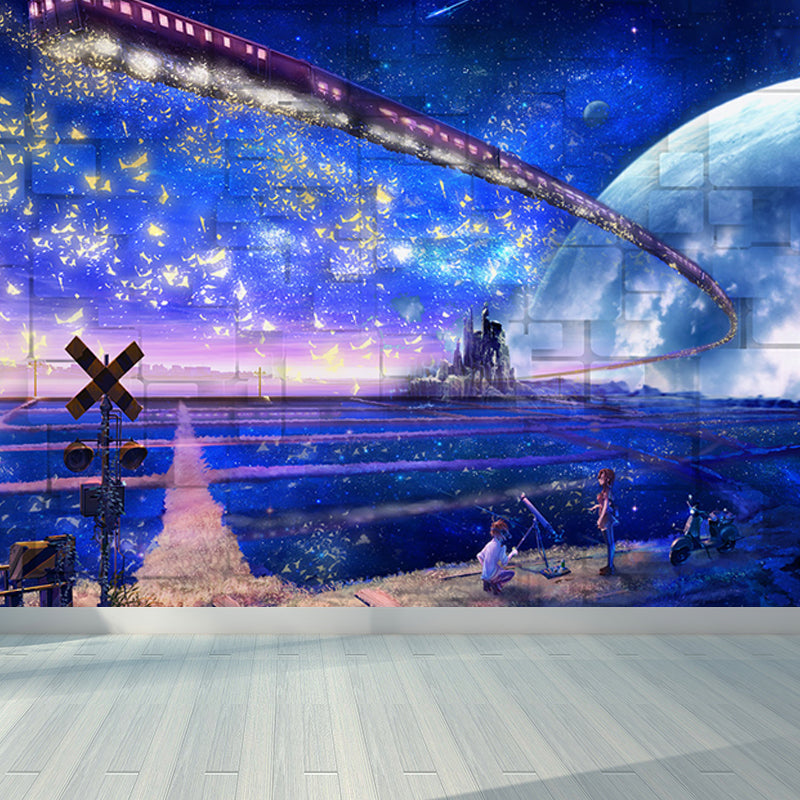 Modern Planet View Mural Wallpaper Blue Waterproofing Wall Covering for Girls Bedroom