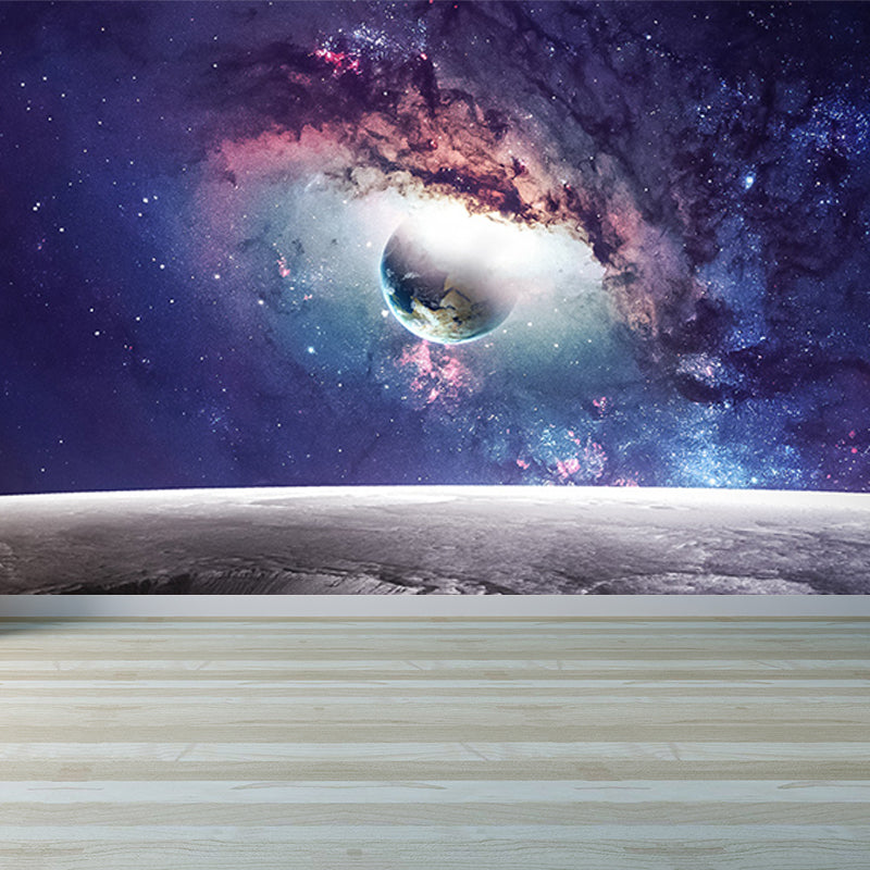 Modern Planet View Mural Wallpaper Blue Waterproofing Wall Covering for Girls Bedroom