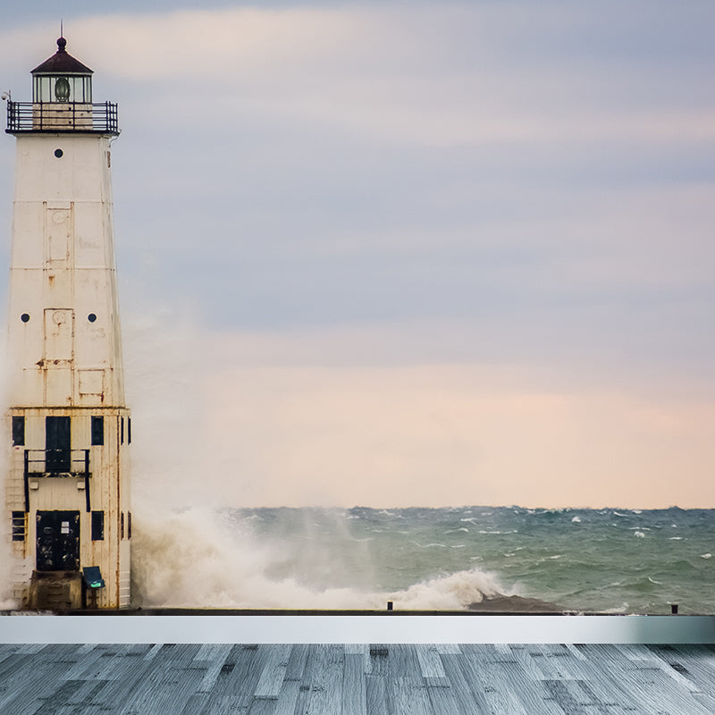 Big Lighthouse View Mural Wallpaper Illuminative Coastal Dining Room Wall Covering