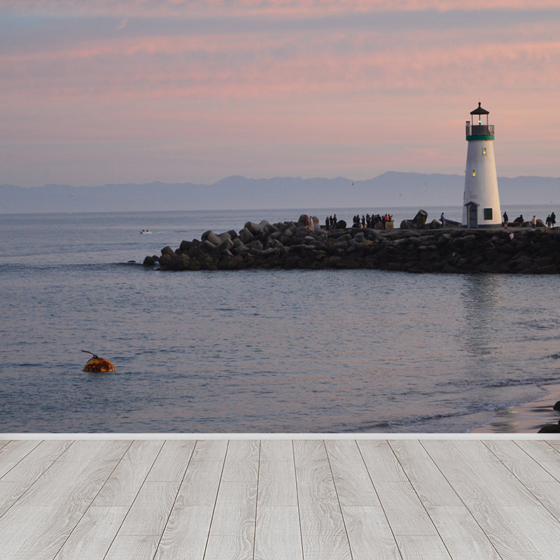 Big Lighthouse View Mural Wallpaper Illuminative Coastal Dining Room Wall Covering