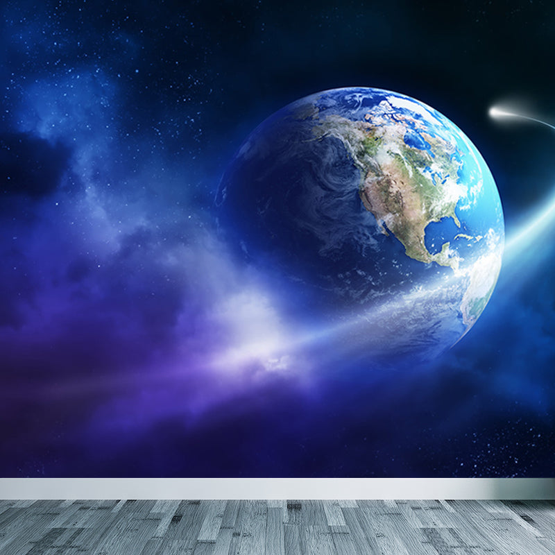 Amazing Planet Scene Mural Decal Blue Contemporary Wall Covering for Living Room