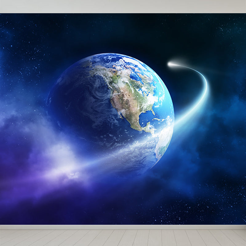 Amazing Planet Scene Mural Decal Blue Contemporary Wall Covering for Living Room