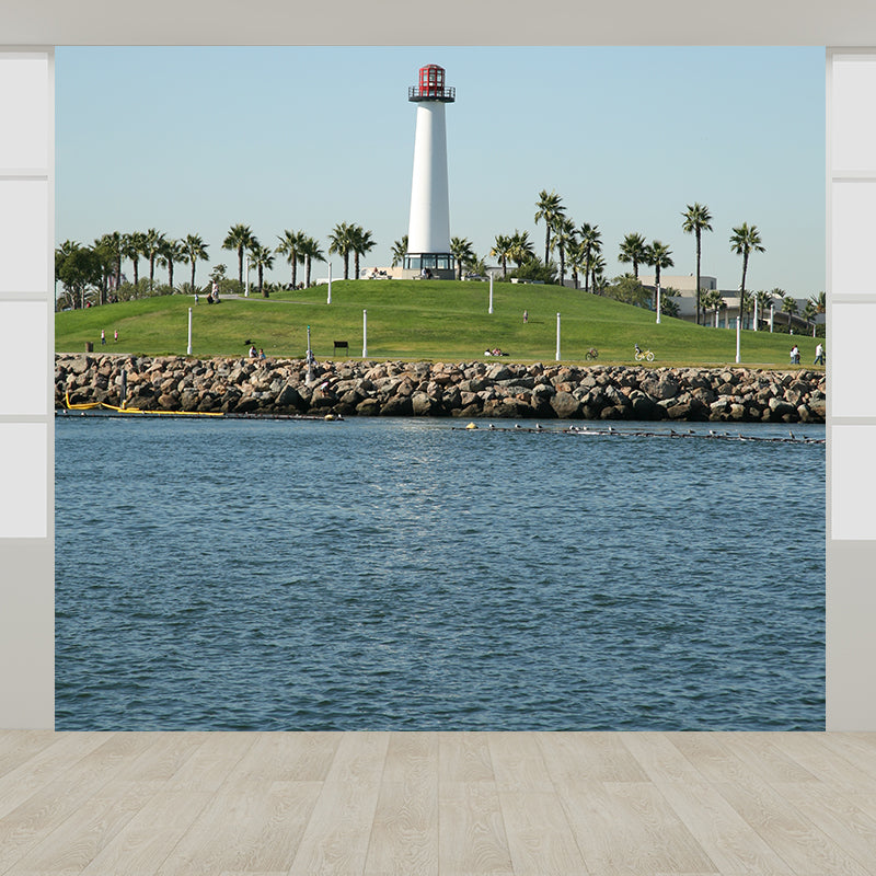 Full Size Photography Coastal Mural Wallpaper with Seaside Lighthouse Scenery in Blue