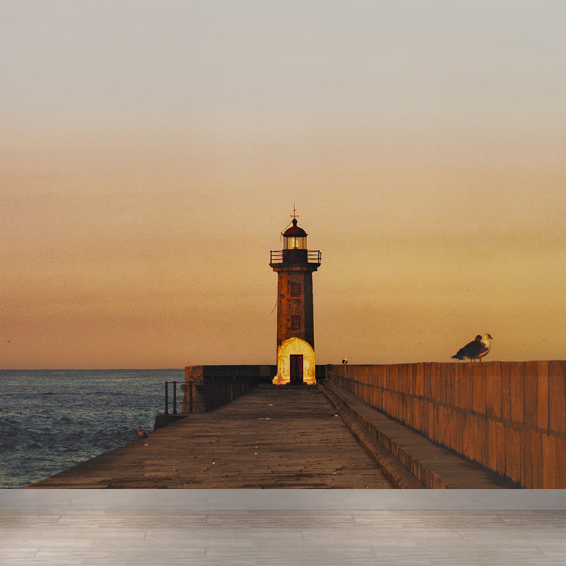 Full Size Photography Coastal Mural Wallpaper with Seaside Lighthouse Scenery in Blue