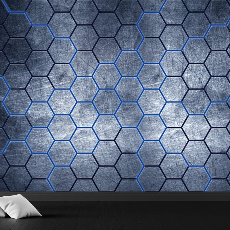 Industrial Hexagon Pattern Wall Mural Dark Gray Decorative Wall Covering for Living Room