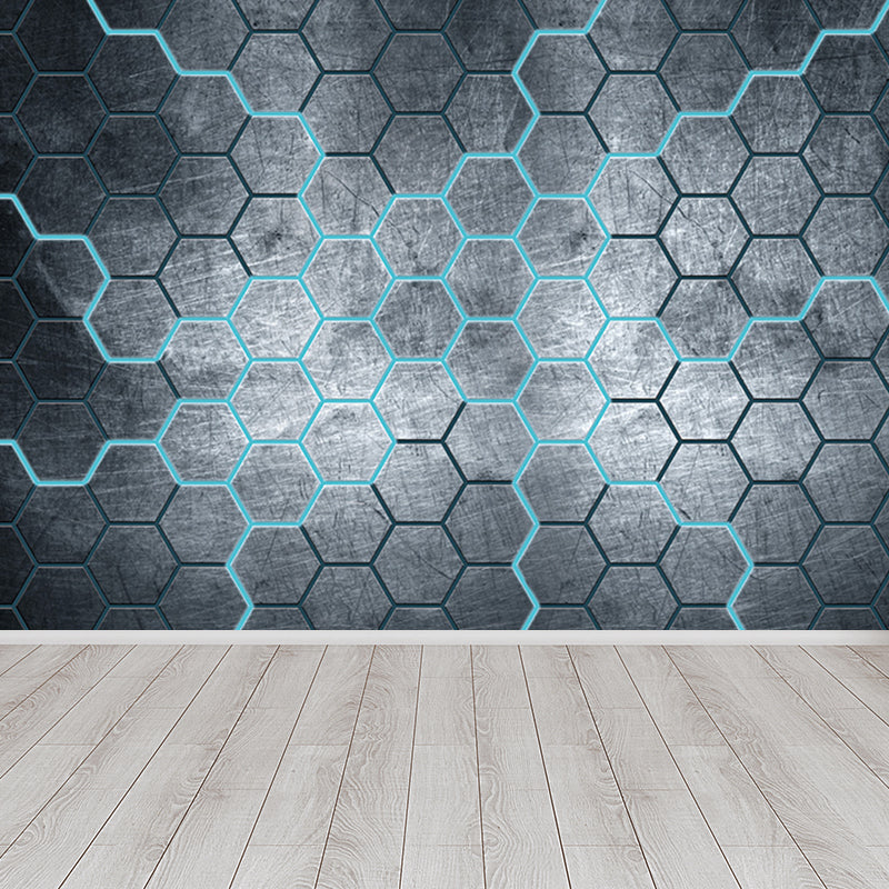 Industrial Hexagon Pattern Wall Mural Dark Gray Decorative Wall Covering for Living Room