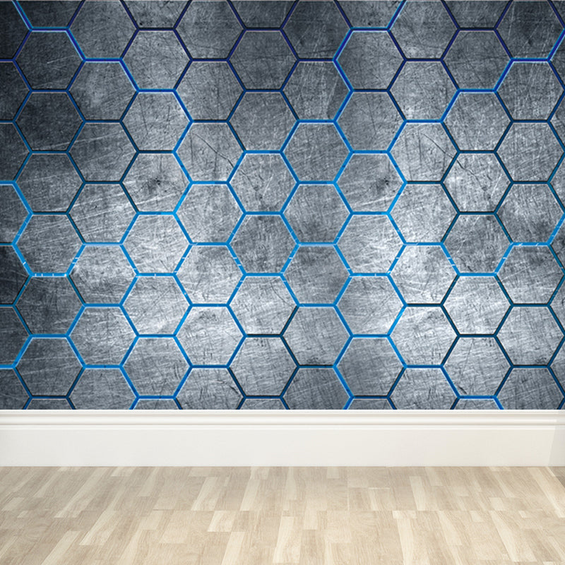 Industrial Hexagon Pattern Wall Mural Dark Gray Decorative Wall Covering for Living Room