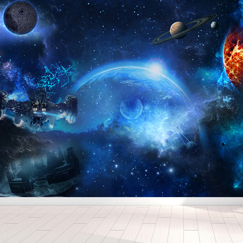 Mystical Planet Wall Mural Contemporary Non-Woven Cloth Wall Covering in Dark Blue