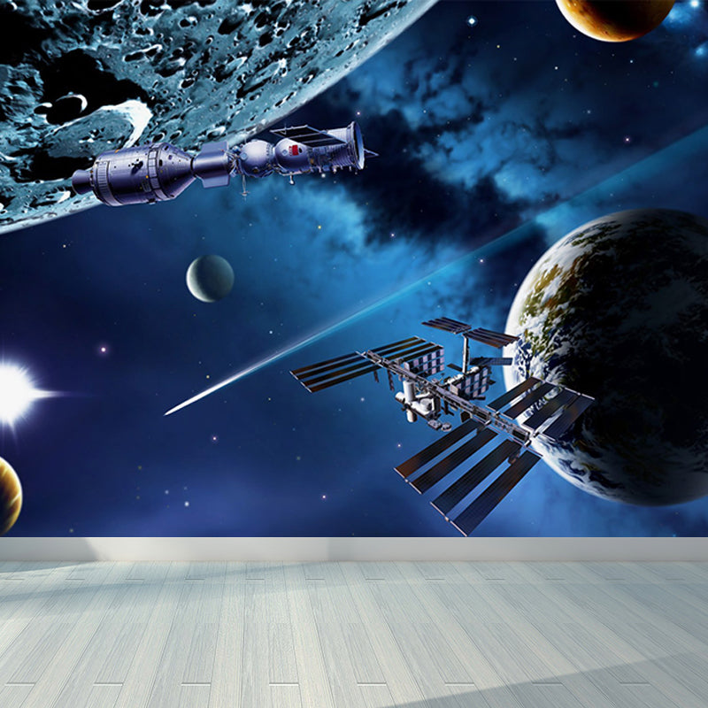 Mystical Planet Wall Mural Contemporary Non-Woven Cloth Wall Covering in Dark Blue