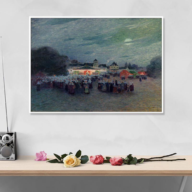 Oil Painting Night Fairs Canvas Art for House Interior, Blue-Grey, Textured Surface