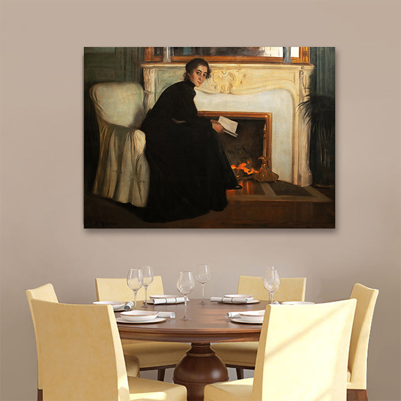 Traditional Style Canvas Pastel Color Girl and Fireplace Painting, Multiple Sizes