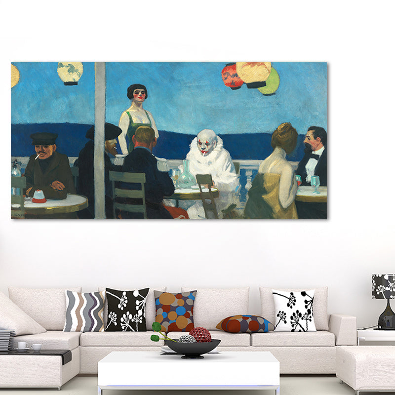 Restaurant's Figure Painting Blue Canvas Wall Art Print Textured, Multiple Sizes