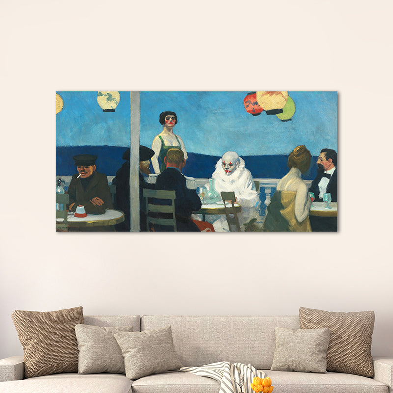 Restaurant's Figure Painting Blue Canvas Wall Art Print Textured, Multiple Sizes