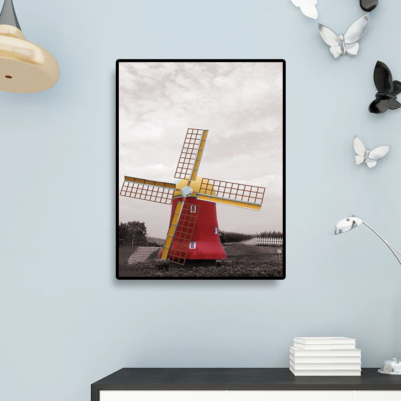 Zeitgenössische Windmühlen-Leinwandkunst, helle Farbe, strukturierte Wanddekoration für Schlafzimmer