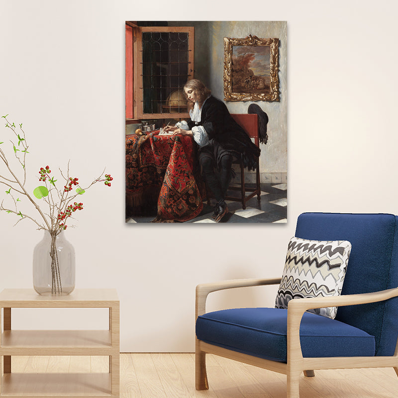 Figure Reading Portrait Painting Traditional Textured Canvas Wall Art in Dark Color