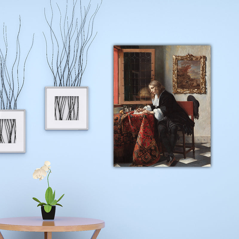 Figure Reading Portrait Painting Traditional Textured Canvas Wall Art in Dark Color