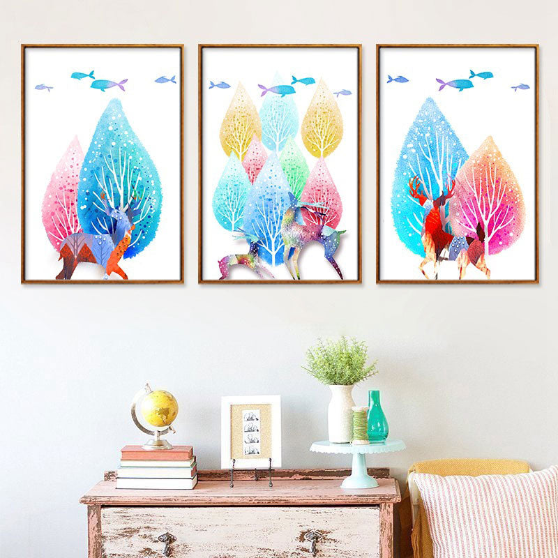 Canvas Home Wall Decor Modernist Elk and Tree Art Print in Blue, Multiple Size Available