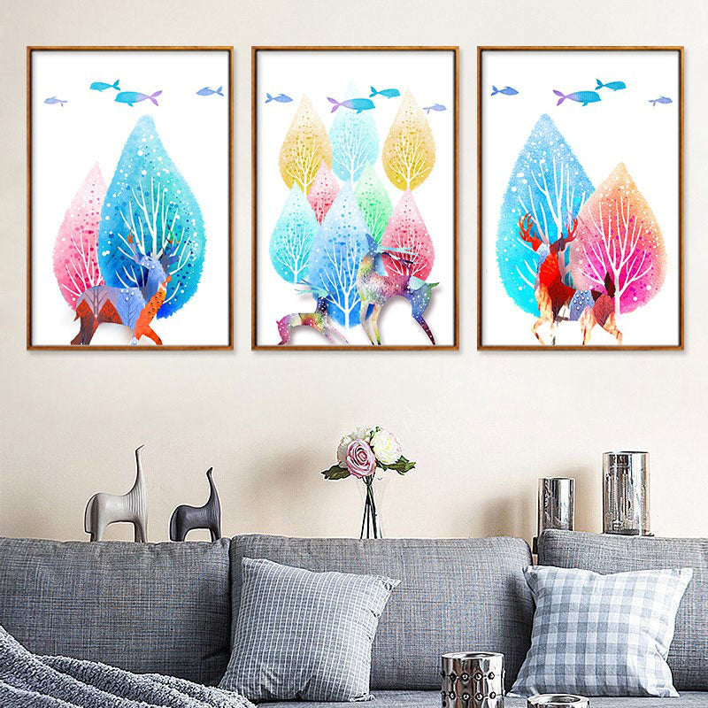 Canvas Home Wall Decor Modernist Elk and Tree Art Print in Blue, Multiple Size Available
