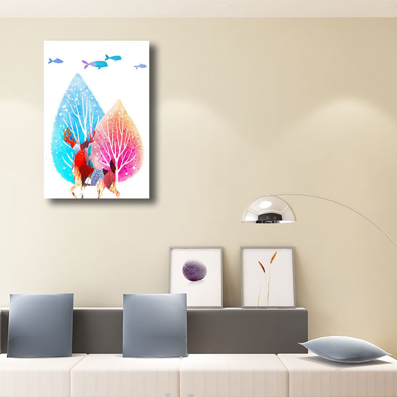 Canvas Home Wall Decor Modernist Elk and Tree Art Print in Blue, Multiple Size Available