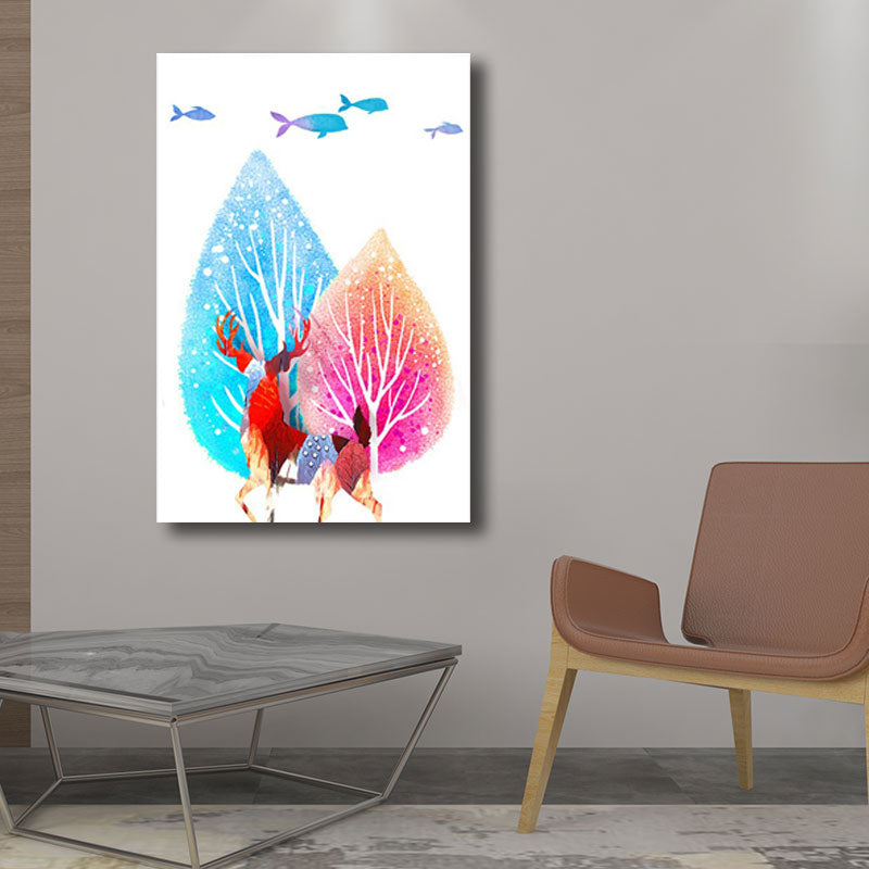 Canvas Home Wall Decor Modernist Elk and Tree Art Print in Blue, Multiple Size Available