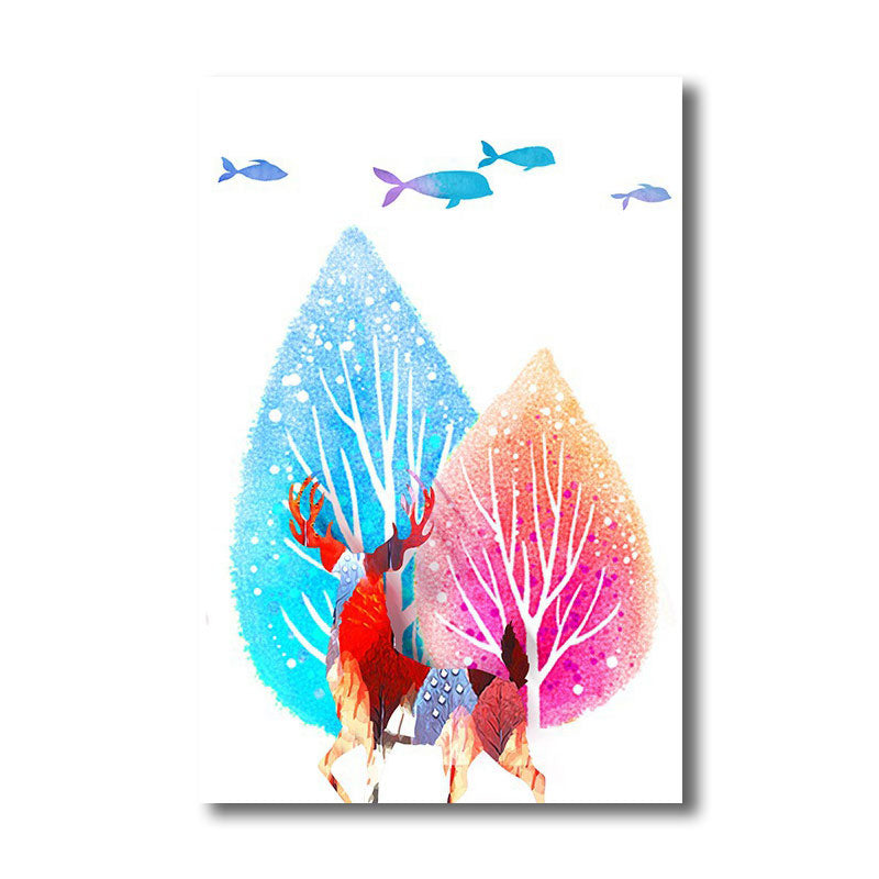 Canvas Home Wall Decor Modernist Elk and Tree Art Print in Blue, Multiple Size Available