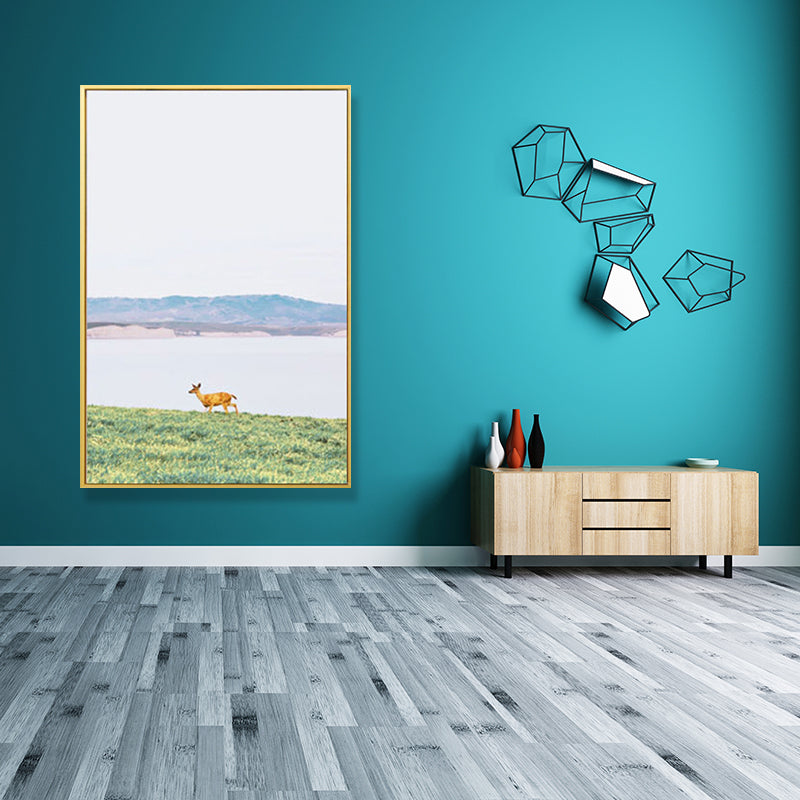 Rustic Deer on Grass Art Print Canvas Decorative Green Wall Decor for Great Room
