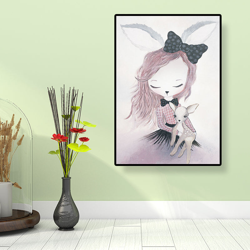 Fantasy Deer Girl Painting Canvas Childrens Art Textured Wall Decor in Pastel Color