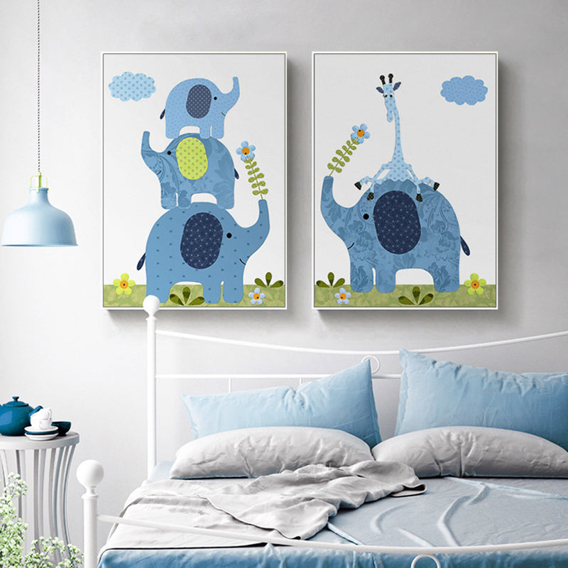 Animal and Flower Wall Decor Blue Canvas Painting Textured for Dining Room, Multiple Sizes