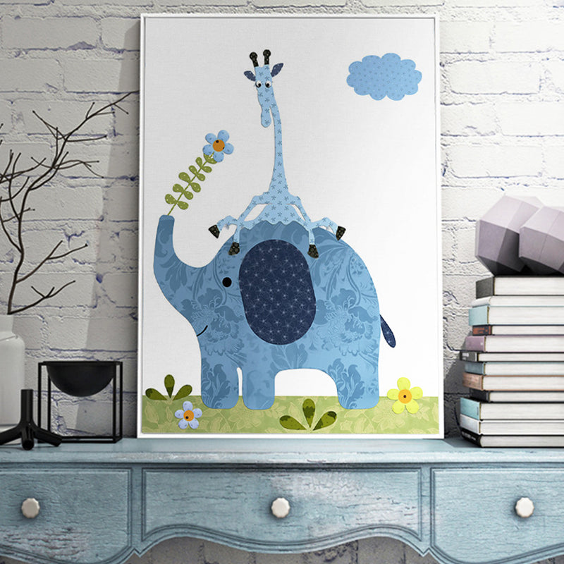 Animal and Flower Wall Decor Blue Canvas Painting Textured for Dining Room, Multiple Sizes