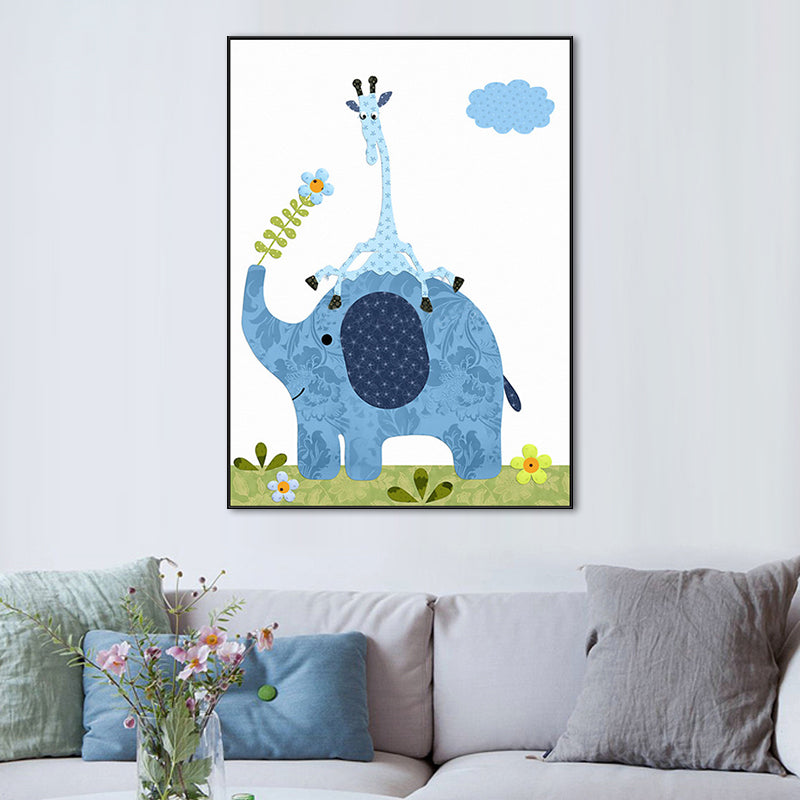 Animal and Flower Wall Decor Blue Canvas Painting Textured for Dining Room, Multiple Sizes