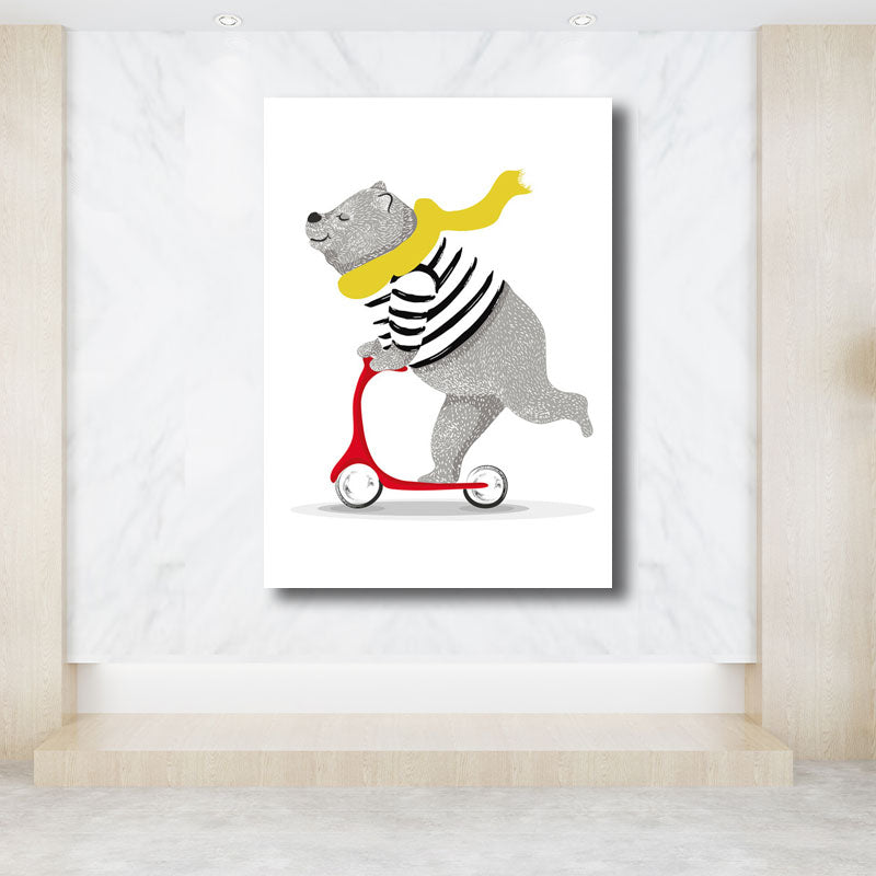 Cartoon Bear on Scooter Art Print Canvas Decorative Grey Wall Decor for Children Room