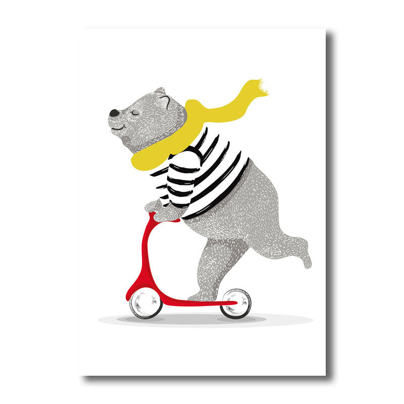 Cartoon Bear on Scooter Art Print Canvas Decorative Grey Wall Decor for Children Room
