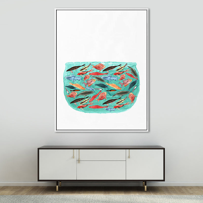 Cartoon Kids Art Print Fish in Aquarium Green Canvas for Living Room, Multiple Sizes Available