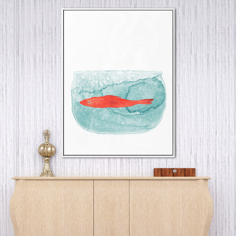 Cartoon Kids Art Print Fish in Aquarium Green Canvas for Living Room, Multiple Sizes Available