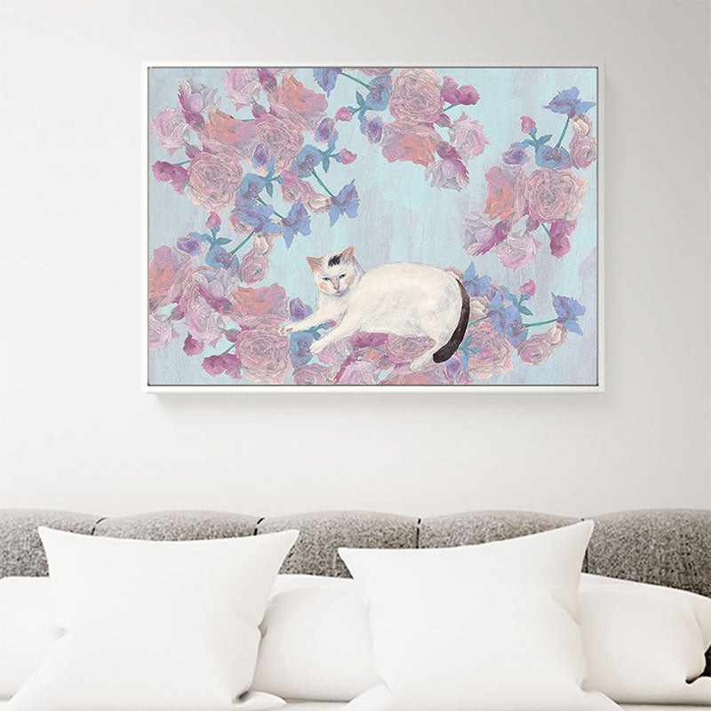 Pink Cat and Flowers Painting Textured Children's Art Kids Bedroom Wall Art Decor