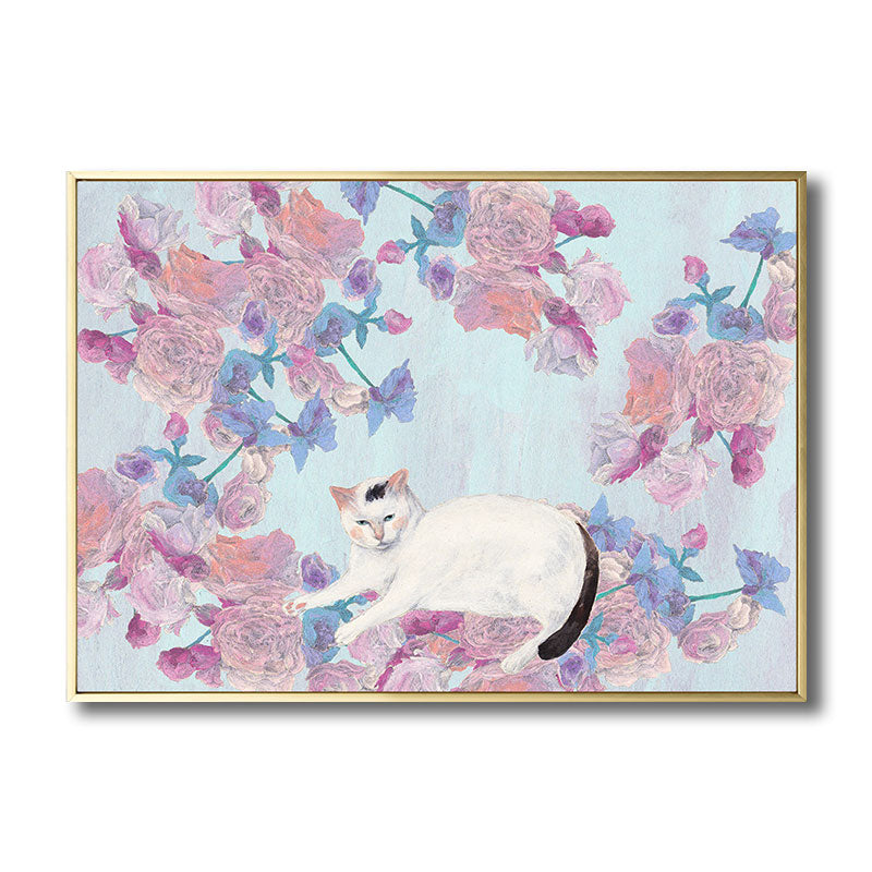 Pink Cat and Flowers Painting Textured Children's Art Kids Bedroom Wall Art Decor
