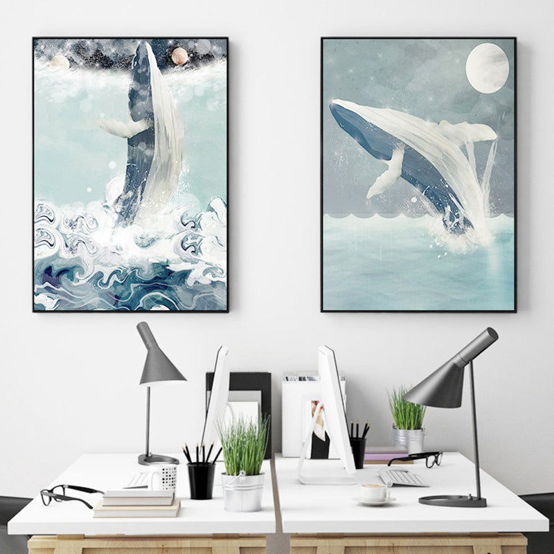 Kids Jumping Dolphin Wall Art Boy Bedroom Canvas Print in Green (Multiple Size Options)