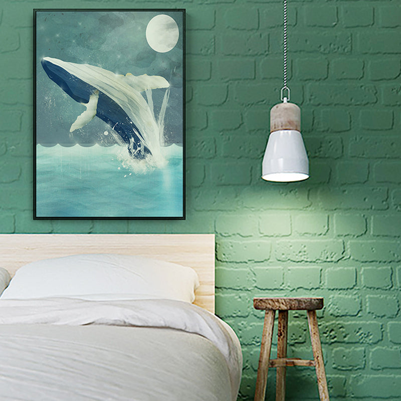 Kids Jumping Dolphin Wall Art Boy Bedroom Canvas Print in Green (Multiple Size Options)