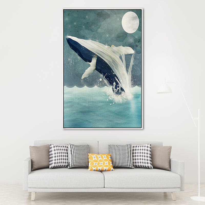 Kids Jumping Dolphin Wall Art Boy Bedroom Canvas Print in Green (Multiple Size Options)