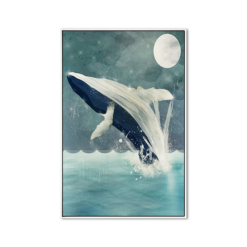 Kids Jumping Dolphin Wall Art Boy Bedroom Canvas Print in Green (Multiple Size Options)