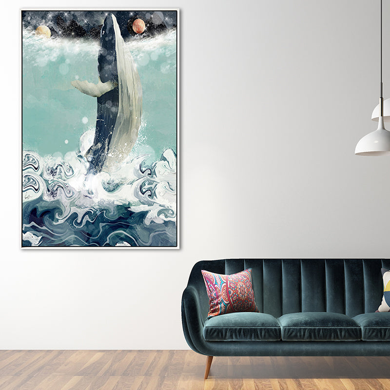 Kids Jumping Dolphin Wall Art Boy Bedroom Canvas Print in Green (Multiple Size Options)