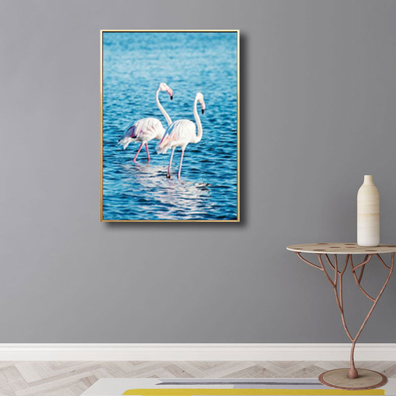 Flamingo Natural Wall Print Simplicity Textured Canvas Art in Blue for Guest Room