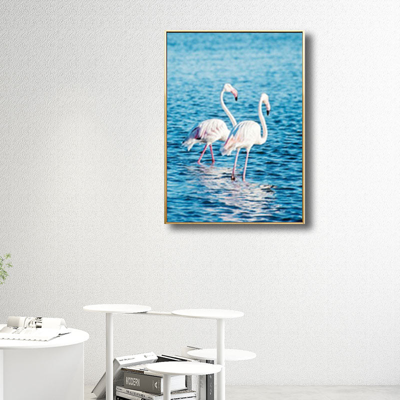 Flamingo Natural Wall Print Simplicity Textured Canvas Art in Blue for Guest Room
