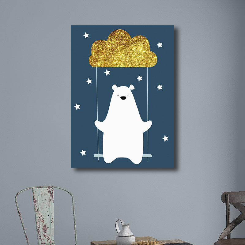Cute Bear Wrapped Canvas Cartoon Decorative for Children Bedroom Wall Art Decor in Blue