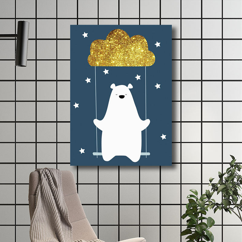 Cute Bear Wrapped Canvas Cartoon Decorative for Children Bedroom Wall Art Decor in Blue
